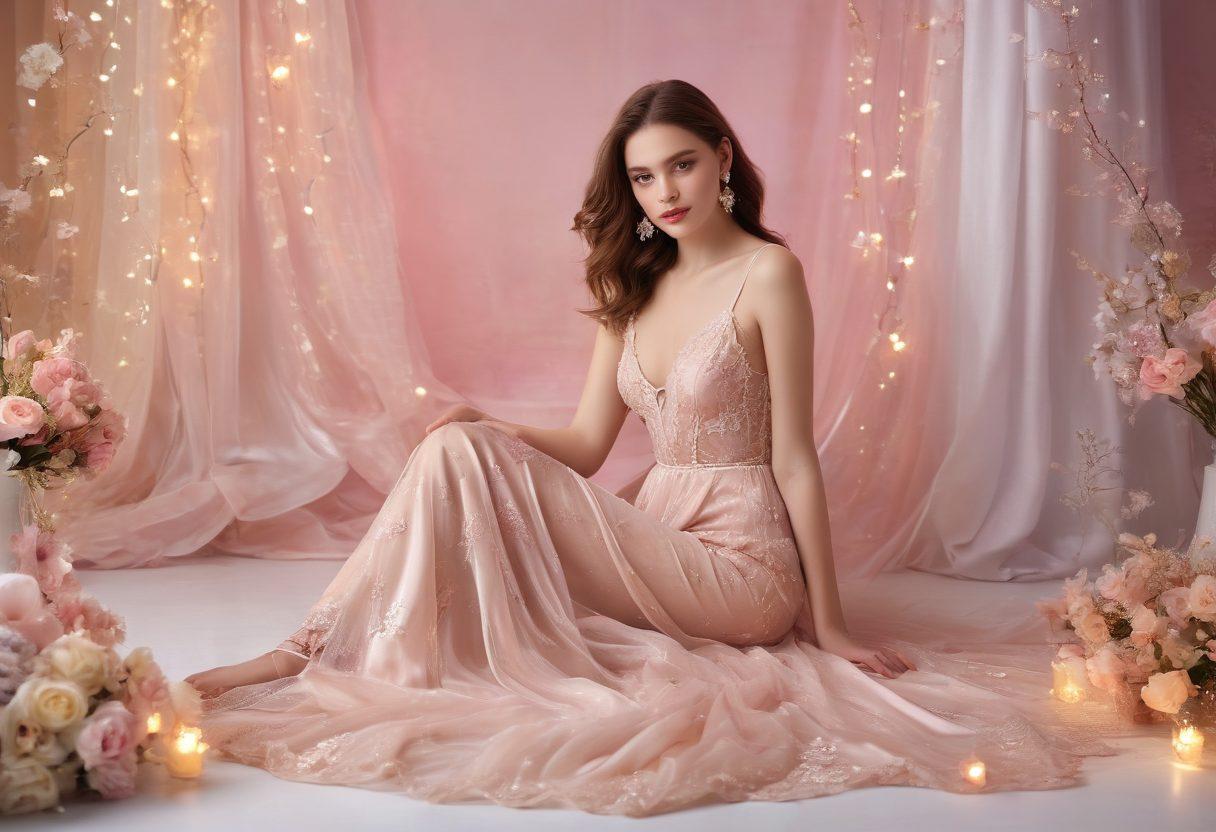 A mystical boutique showcasing an array of luxurious intimate apparel, surrounded by soft, ethereal lighting and sparkling fairy lights. A model draped in flowing, sheer fabrics poses gracefully amidst the collection, highlighting the fantasy aspect. Elegant lace and satin garments blend into a dreamy, pastel-hued décor, evoking glamour and allure. The background features enchanted elements like delicate flowers and shimmering stars. whimsical elegance. soft glow. vibrant colors. dreamy atmosphere.